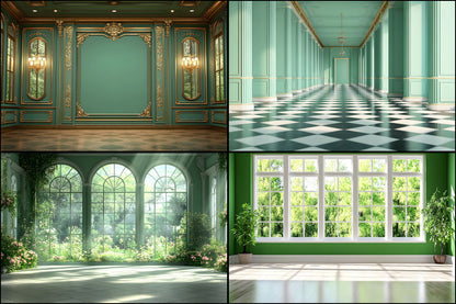 Royal Green Interior Digital Backdrop Collection, Photography Backgrounds, Elegant Home Photo Overlays, High-Resolution Images for Composites
