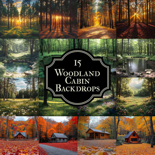 Woodland Cabin Digital Backdrops - Rustic Forest Photo Backdrops, Photographers, Newborn, Maternity, and Family Portraits - Leafy Forest