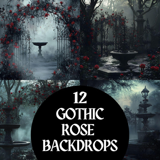 Gothic Rose Floral Digital Backdrop - Photography, Crafts, Storytelling - Gothic Background - Red Gothic Roses in Abandoned Gothic Courtyard