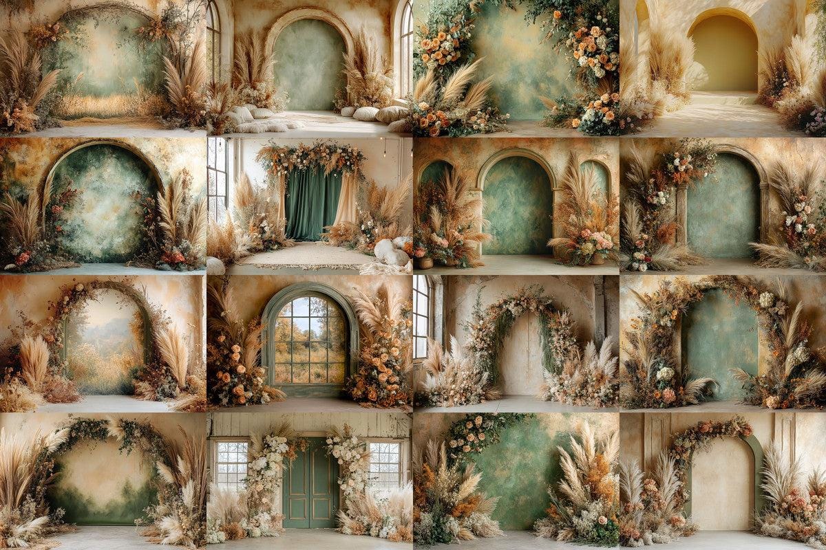 Boho Olive Arch Photography Backdrops for Digital Artists  Photographers - Warm Inviting Aesthetic - Commercial Use Allowed