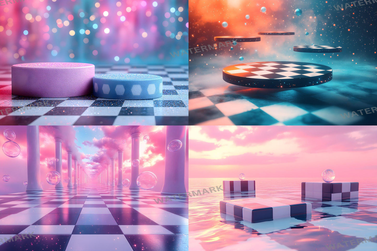 Wonderland Checkers Digital Backdrop Bundle - Surreal Fantasy Backgrounds with Checkerboard Floors for Whimsical Photoshop Composites Craft