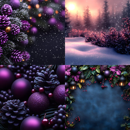 Gothic Purple Christmas Backdrop Set, Spooky Holiday Backgrounds, Dark Festive Photography, Digital Download, Fantasy Xmas Scenes
