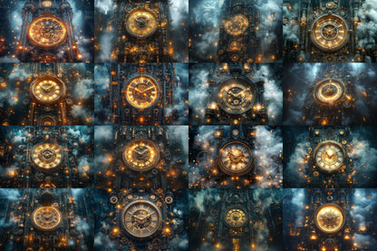 Steampunk Clocktower Digital Backdrops - Victorian Fantasy Streets, Fantasy Photography Backgrounds, Time Travel, Gears & Sci-Fi Portraits