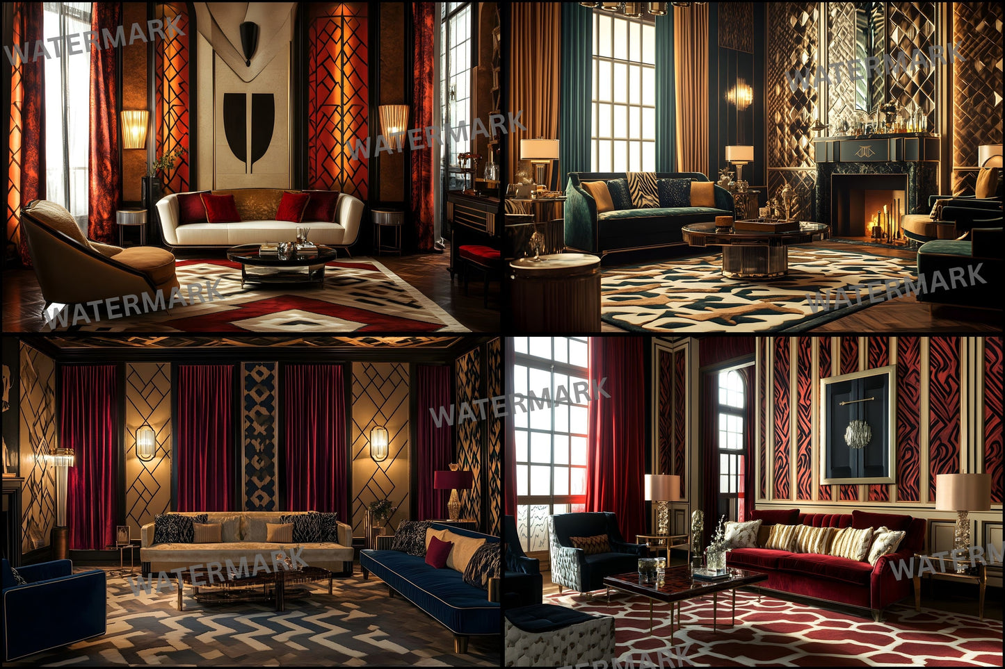 Art Deco Living Room Digital Backdrop, Elegant Interior Background for Photography, Virtual Photo Studio, Zoom Meeting, and Creative Composites