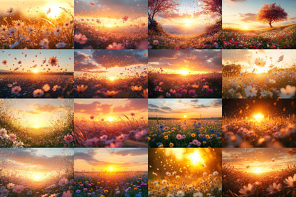 Sunset Wildflowers Digital Backdrops - Warm Golden Hour Field, Summer Bloom Photography Backgrounds - Maternity, Wedding Backdrops