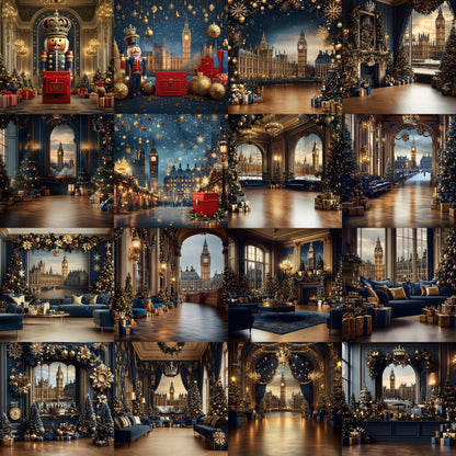 Royal Christmas Backdrops | Nutcracker, London, British | Navy and Gold Christmas Festive Backdrops, Holiday Season Christmas Background