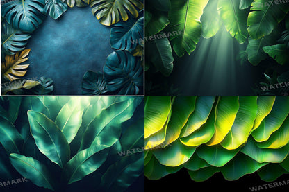 Tropical banana leaves digital backdrops, jungle PNG overlays for photography, botanical background scenes, lush greenery composites