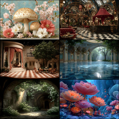 Alice in Wonderland Backdrop Bundle, Whimsical Digital Backgrounds for Photography, Storybook Theme, Fantasy Photo Booth, High-Res Images, Landscape