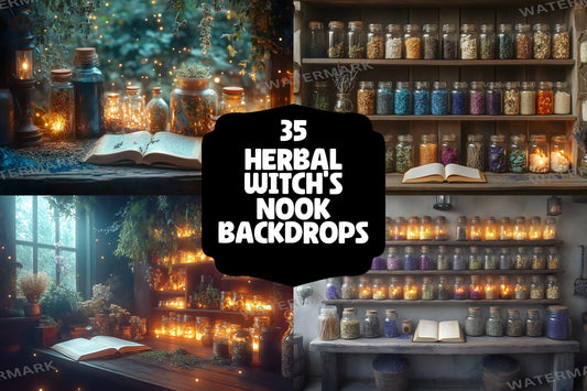 Herbal Witch's Nook Backdrop | Apothecary Background | Witch Herbal Apothecary Backdrop | Wizard Potions Bottle Backdrop | Witchcraft