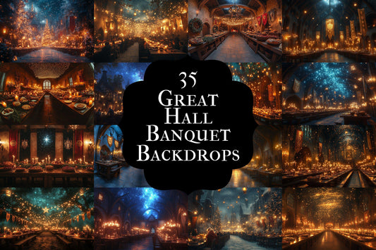 Great Hall Banquet Digital Backdrop - Great Hall at Wizarding School of Witchcraft & Wizardry Photography Background - Photo Composites