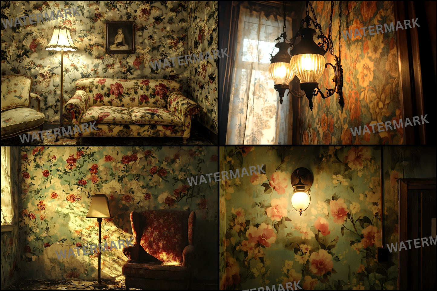 Vintage Wallpaper Room Digital Backdrop, Photography Backgrounds, Antique Interior Photo Prop, High-Res Image for Photographers