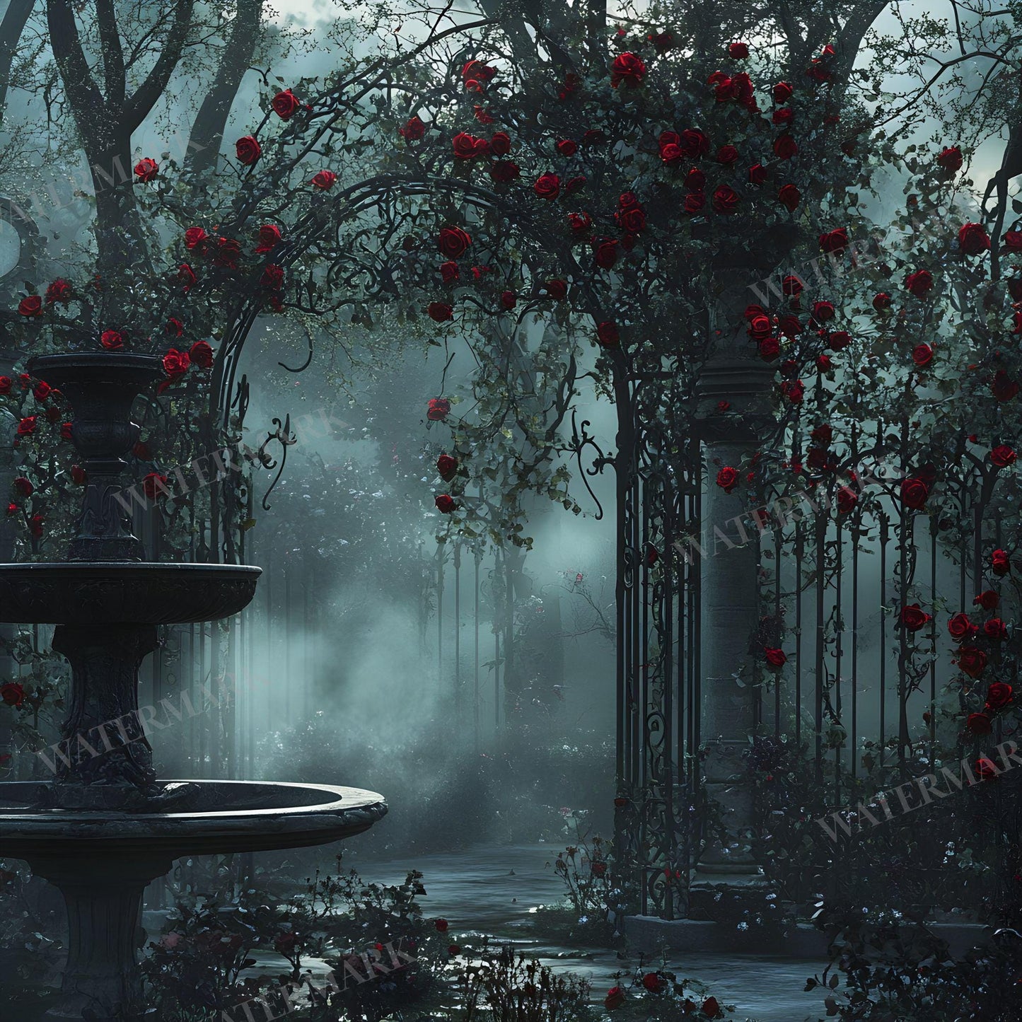 Gothic Rose Floral Digital Backdrop - Photography, Crafts, Storytelling - Gothic Background - Red Gothic Roses in Abandoned Gothic Courtyard
