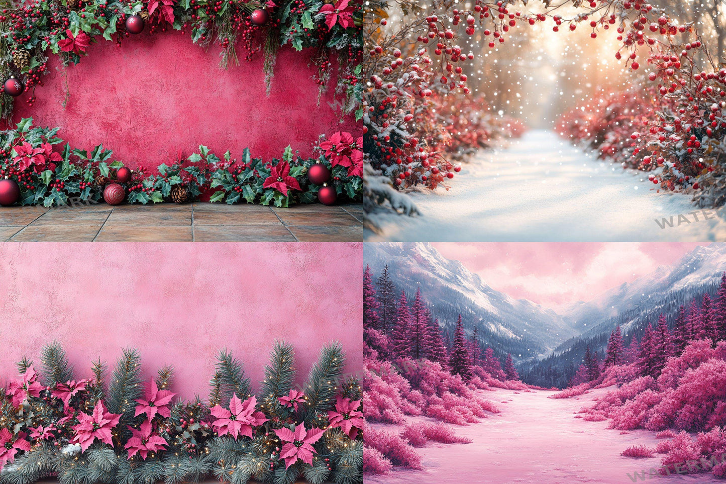 Fuchsia Outdoor Christmas Backdrops | Digital Winter Wonderland Scenes | Holiday Photography Backgrounds - Pink Christmas Backgrounds