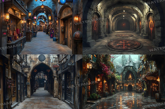 Wandmaker���������s Alley Backdrops for Fantasy Photography, Magical Vintage Street Digital Backgrounds, Enchanted Event Decor Designs