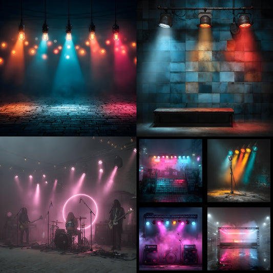 Vintage Neon Spotlight Digital Backdrop, Photography Background for Portraits, Stage Effect Photo Booth, Square Image for Social Media, Themed Events