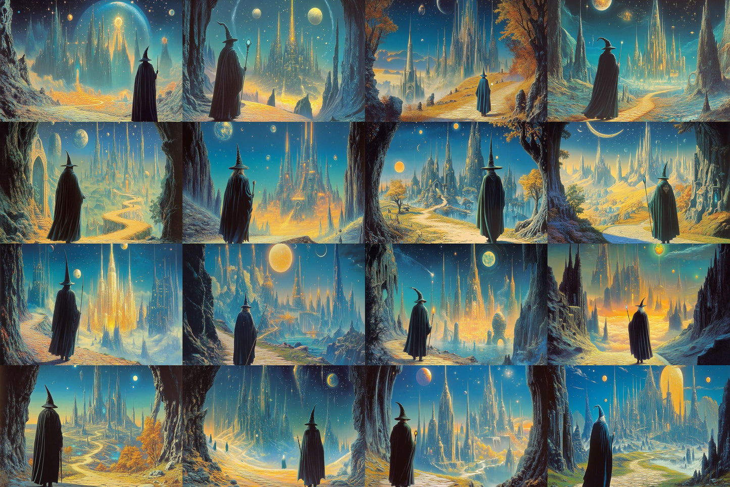Wizard Walk digital backdrop, 16:9 ratio. Magical forest path with glowing lights and ancient ruins, perfect for streaming or TV wallpaper