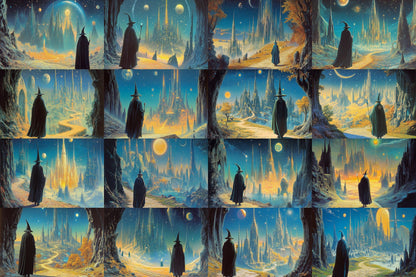 Wizard Walk digital backdrop, 16:9 ratio. Magical forest path with glowing lights and ancient ruins, perfect for streaming or TV wallpaper