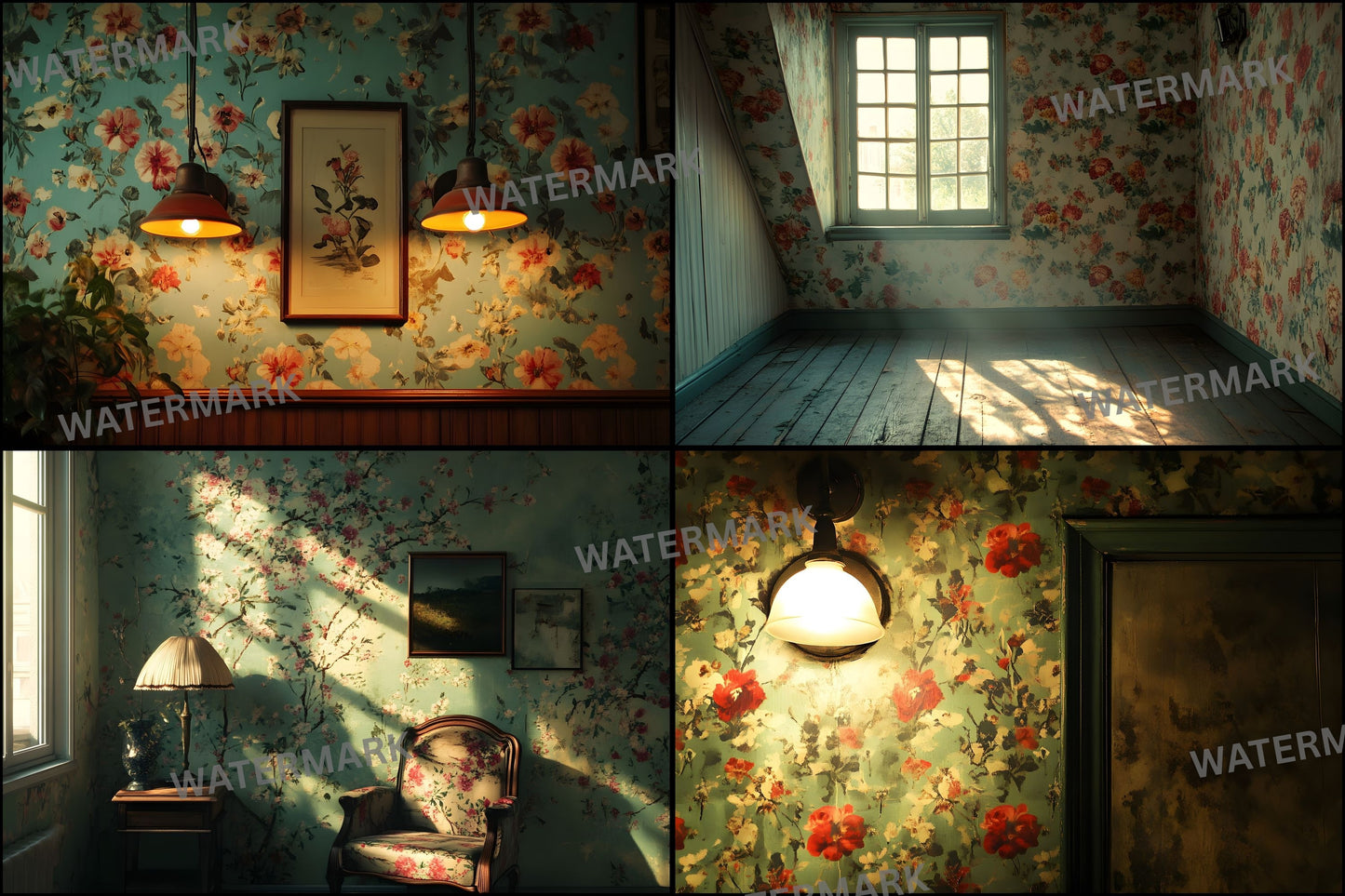 Vintage Wallpaper Room Digital Backdrop, Photography Backgrounds, Antique Interior Photo Prop, High-Res Image Download