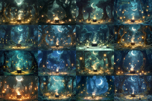 Witchcraft forest digital backdrops, dark enchanted PNG overlays, spooky forest photography backgrounds, fantasy gothic composite props.