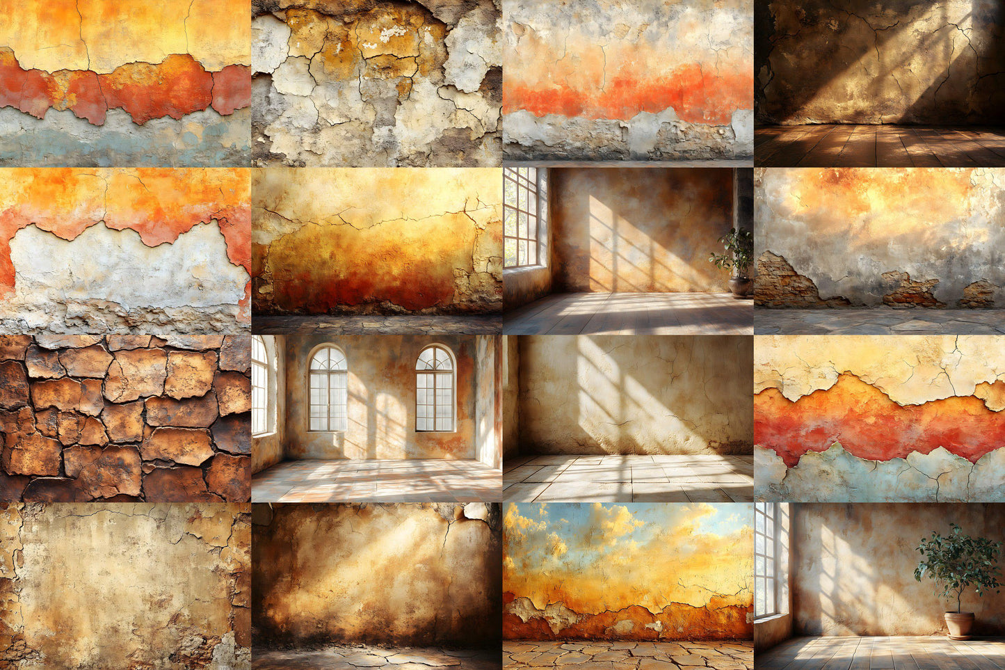 Sunlit Clay Wall Backdrop, Rustic Textured Background, Aged Plaster Walls, Warm Earthy Decor, Mediterranean Aesthetic, Photography Setting