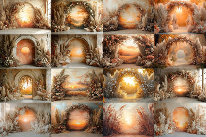Boho Background - Sunset Arch Photography Backdrops - 8Warm Aesthetic PNGs for Digital Art  & Photography - Commercial Use