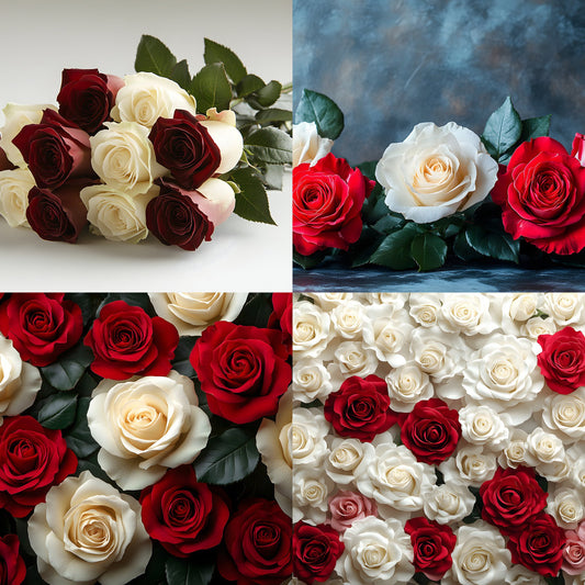 White Red Roses Photography Backdrop, Elegant Floral Background for Portraits, Wedding Photo Booth, Digital Download, Ratio