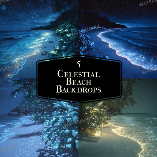 CELESTIAL BEACH BACKDROPS for Photography - 8 Digital Portrait Overlays 96x96px for Stunning Composites