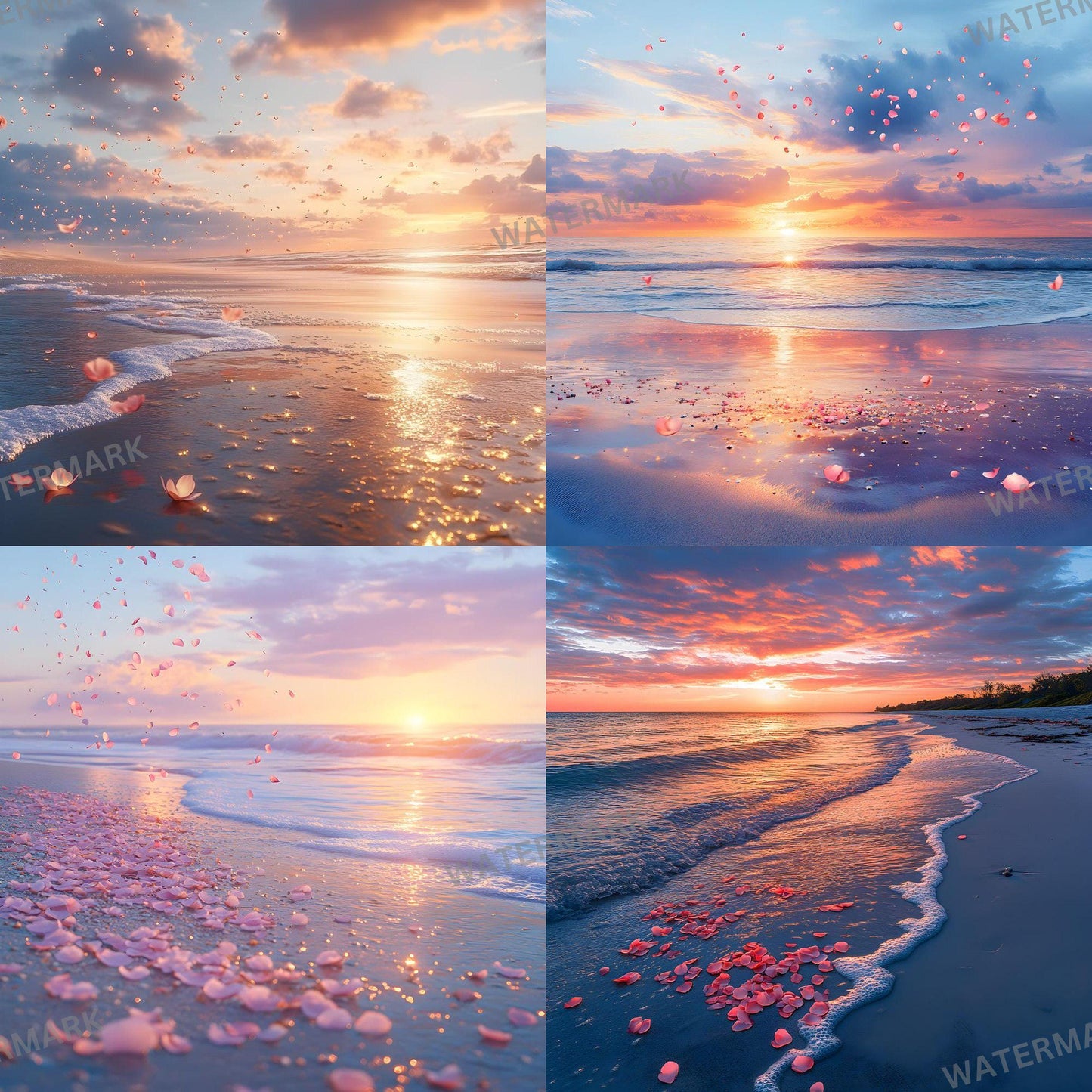 Sunset Oasis Backdrops, Dreamy Beach Photography Backgrounds, Pink Petal Shoreline Scenes, Sunset Beach Wedding and Maternity Backdrops