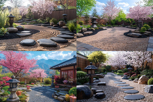 Zen Garden Backdrops, Tranquil Japanese Landscapes, Serene Rock Gardens, Peaceful Meditation Spaces, Digital Nature Art Backgrounds