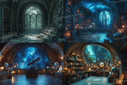 Celestial Witch's Observatory Backdrops - Mystical Astronomy Photography Backgrounds - Magical Night Sky Scenes - School of Wizarding Images