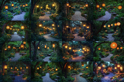 Hidden Lantern Garden Backdrop: PNGs for Enchanting Night Photography, Magical Forest Lantern Scenes, Serene Secret Garden Backdrop