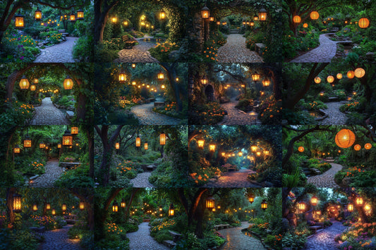 Hidden Lantern Garden Backdrop: PNGs for Enchanting Night Photography, Magical Forest Lantern Scenes, Serene Secret Garden Backdrop