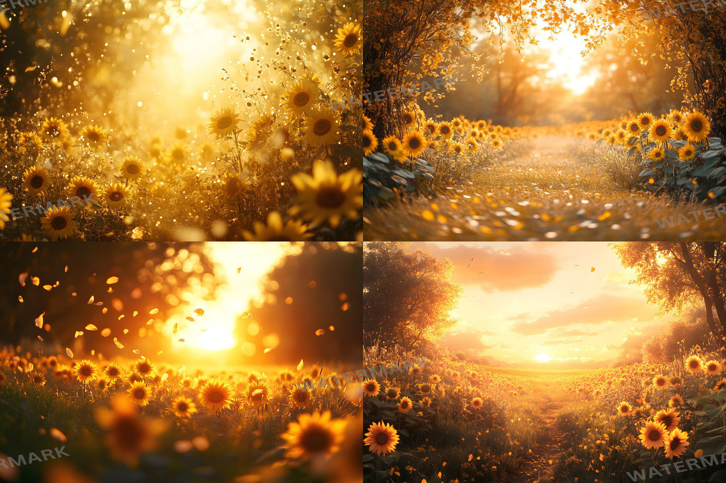 Sunset Sunflowers Backdrops - Golden Hour Field Digital Backgrounds, Rustic Floral Photography Backdrop, Summer Aesthetic
