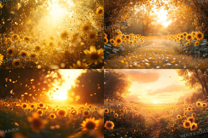 Sunset Sunflowers Backdrops - Golden Hour Field Digital Backgrounds, Rustic Floral Photography Backdrop, Summer Aesthetic