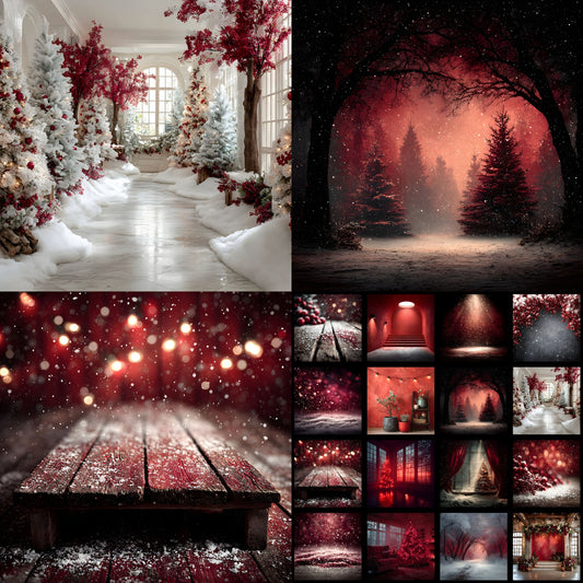 Red Indoor Christmas Backdrop Snowy Window, Holiday Photo Background, Festive Digital Photography Prop, Square Winter Scene, Cozy Fireplace