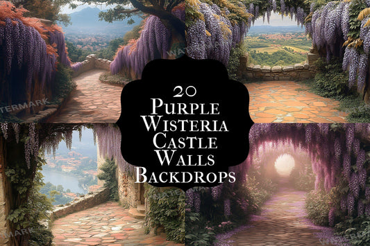 Purple Wisteria Castle Backdrop: 2PNGs for Fantasy Photography Props, Floral Photo Editing, Princess Fairytale Digital Backdrops