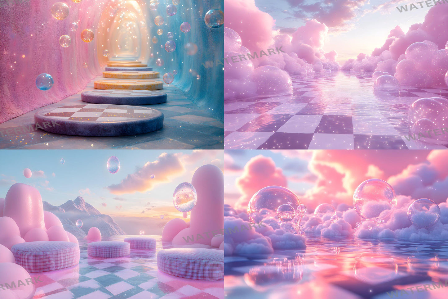 Wonderland Checkers Digital Backdrop Bundle - Surreal Fantasy Backgrounds with Checkerboard Floors for Whimsical Photoshop Composites Craft