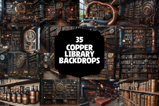 Copper Library Backdrops, Vintage Bookshelf Cozy Study Digital Background, Steampunk Reading Nook Photo Booth Prop, Antique Book Scene