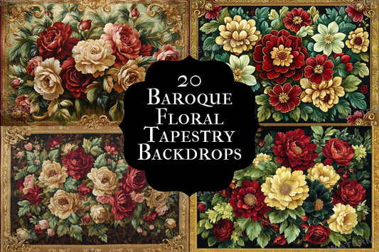 Baroque floral tapestry digital backdrops, ornate PNG overlays, vintage fabric photo backgrounds, classical photography composite scenes