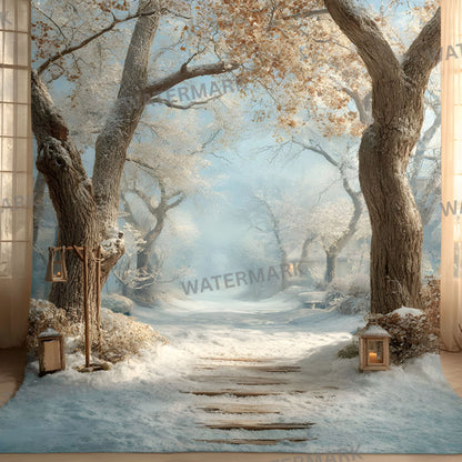 White Gold Christmas Backdrop, Snowy Outdoor Scene, Square Digital Background for Holiday Photography, Winter Wonderland Photo Prop, Festive Portrait