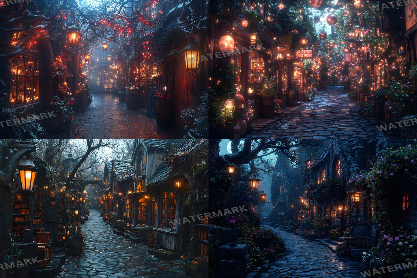 Wizard's Alley Backdrops, Magical Marketplace Scenes, Enchanted Shopfronts, Mystical Street Paths, Fantasy Digital Backgrounds