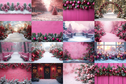 Fuchsia Outdoor Christmas Backdrops | Digital Winter Wonderland Scenes | Holiday Photography Backgrounds - Pink Christmas Backgrounds