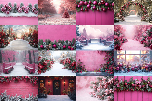 Fuchsia Outdoor Christmas Backdrops | Digital Winter Wonderland Scenes | Holiday Photography Backgrounds - Pink Christmas Backgrounds