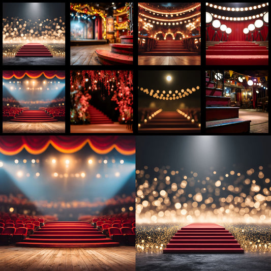 Theater Stage Digital Backdrop, Red Stairs Spotlight Background, Photography Prop, Square Image for Theater Productions, Performers, and Events