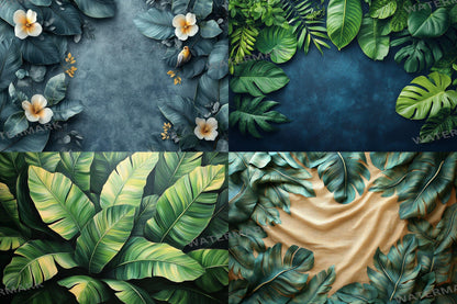 Tropical banana leaves digital backdrops, jungle PNG overlays for photography, botanical background scenes, lush greenery composites
