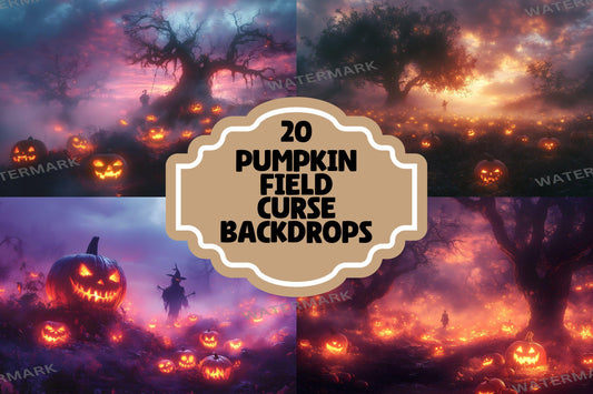 Pumpkin Field Curse Backdrops, Spooky Halloween Digital Backgrounds, Haunted Jack-O'-Lantern Scene, Dark Fantasy Horror Aesthetic