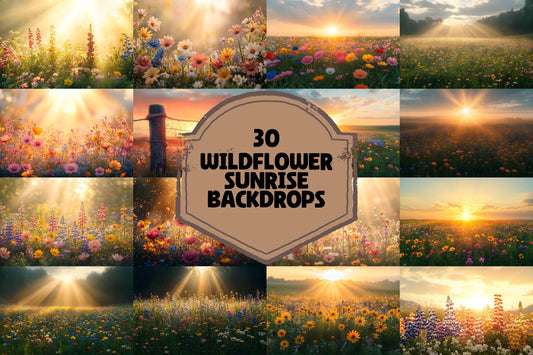 Wildflower Sunrise Digital Backdrops - Golden Hour Meadow Backgrounds, Nature Landscape Photography Overlay - Floral Photoshop Composites