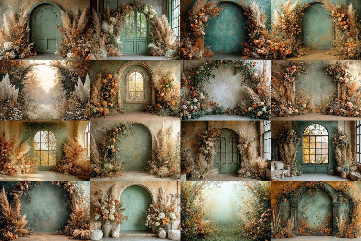 Boho Olive Arch Photography Backdrops for Digital Artists  Photographers - Warm Inviting Aesthetic - Commercial Use Allowed