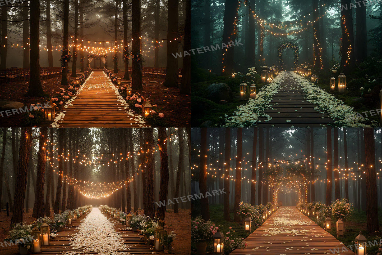 Forest Wedding Backdrops ��������� Rustic Elegance with Fairy Lights and Candlelit Paths - 3:2 Ratio - Wedding Photography - Wedding Backgrounds
