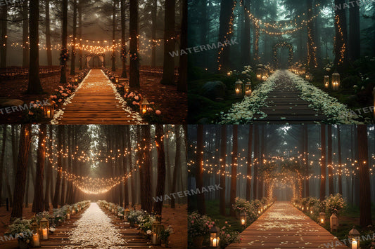 Forest Wedding Backdrops ��������� Rustic Elegance with Fairy Lights and Candlelit Paths - 3:2 Ratio - Wedding Photography - Wedding Backgrounds